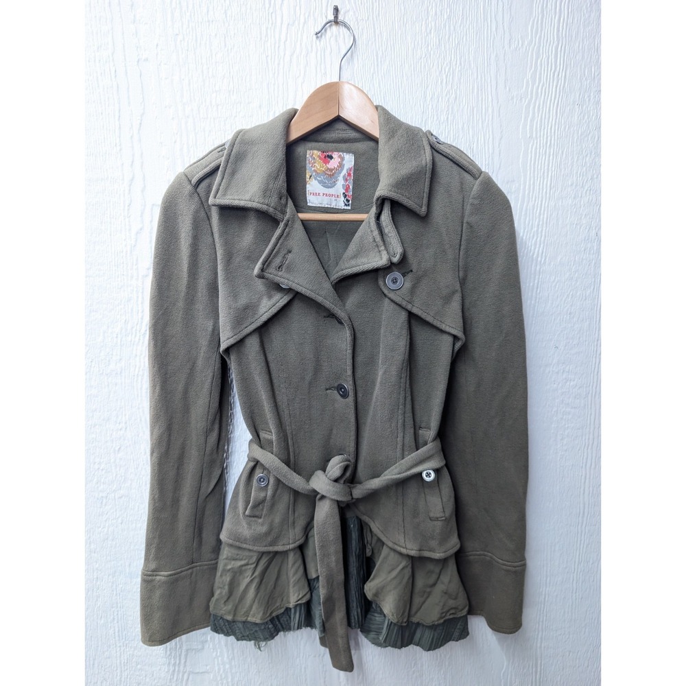 Free People Y2K Olive Green Jacket Ruffle Military Victorian Festival Size 10